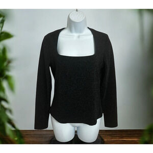 H&M Black Sparkle Glittery Blouse Sz M Long-Sleeve Square Neck Long-Sleeve Top